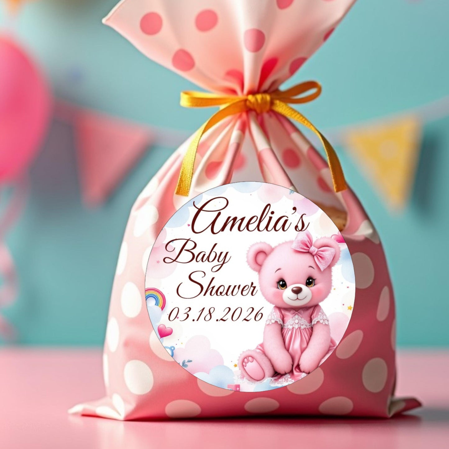 Custom Name Pink Bear Labels, Baby Shower 1st Birthday Party Favors Stickers, Round Labels