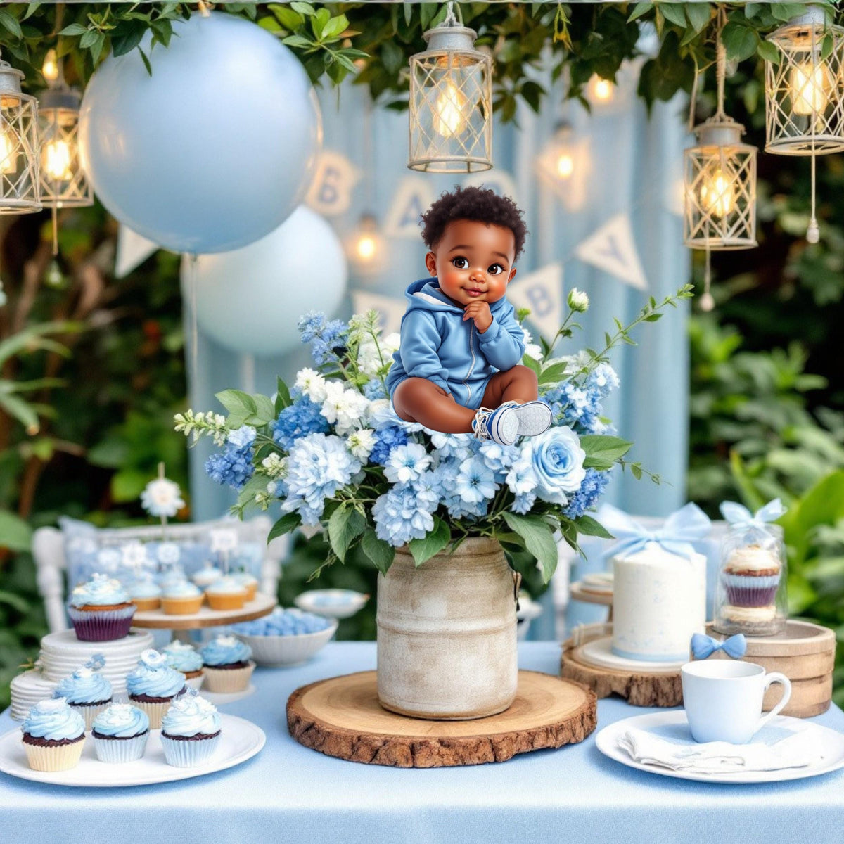 Sitting baby boy in blue hoodie cardstock decoration for birthday and baby shower tables