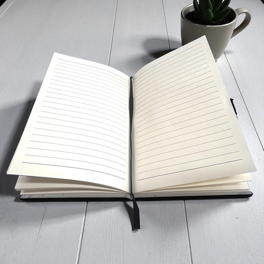 Open leatherette Bible study journal with lined pages