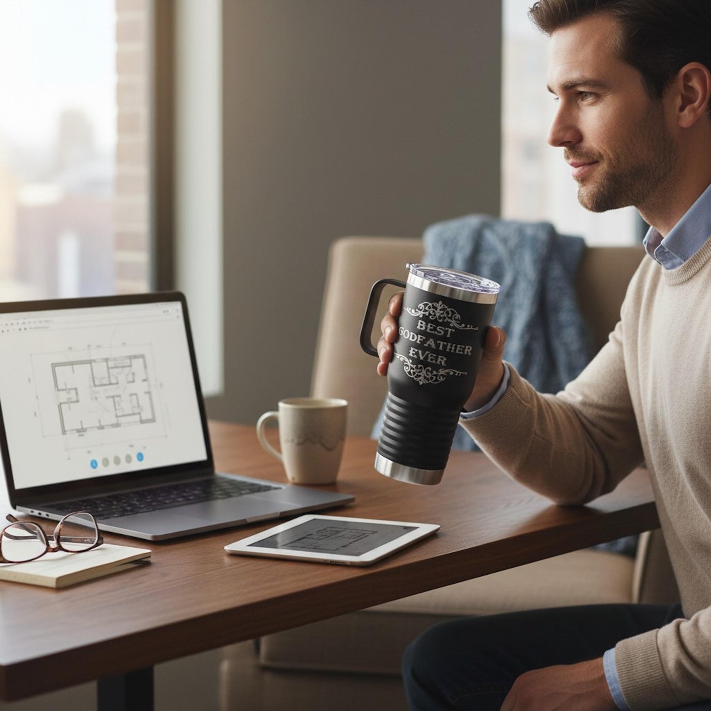 Personalized Godfather Tumbler Laser Engraved Travel Mug with Handle