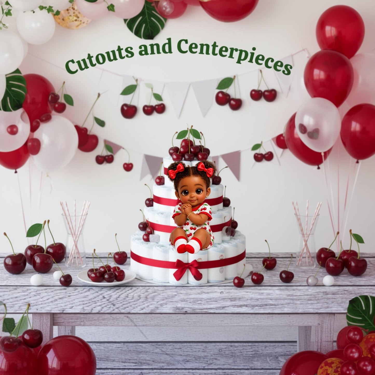 Berry Sweet African American Baby Girl Cutouts Centerpieces – Cherry Strawberry Baby Shower Decor