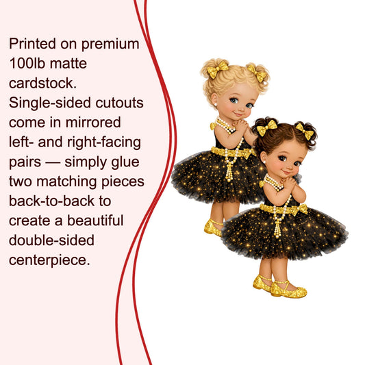 Black Gold Glamour Baby Girl Cutout Centerpiece, Baby Shower 1st Birthday Decor, Pearls Tutu