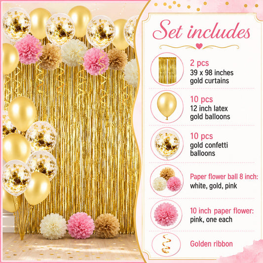 Close-up detail of 12-inch gold confetti balloons and blush pink latex balloons, with soft pink paper flowers as party decor.