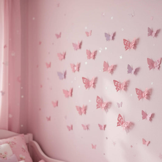 Arrangement of assorted pink 3D paper butterflies displayed on a light wall, highlighting their versatile decorative use.