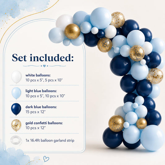 Close-up of a DIY blue and gold balloon garland kit showing assorted balloons and a 16.4-foot plastic strip.