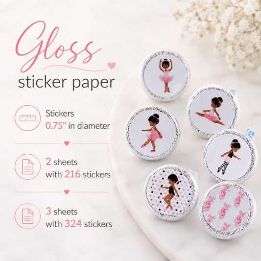 Sheet of African American ballerina favor labels, pre-cut and ready for a baby shower or birthday party.
