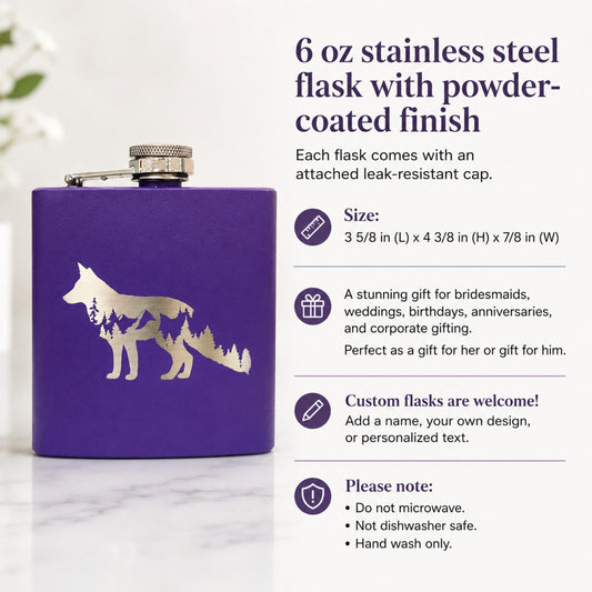 Engraved fox hip flask beside a product detail card showing its 6 oz size and powder-coated finish.
