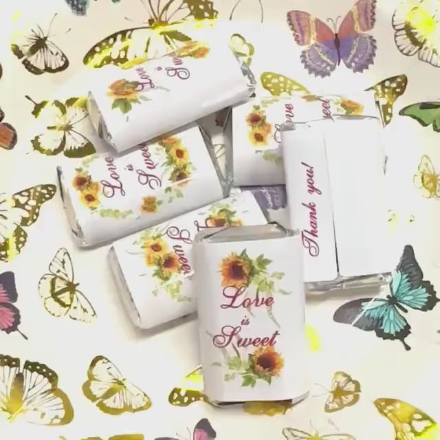 54 Sunflower Candy Labels Wrappers for Hershey® Miniatures, Love is Sweet Bridal Shower Wedding Party Favor Stickers