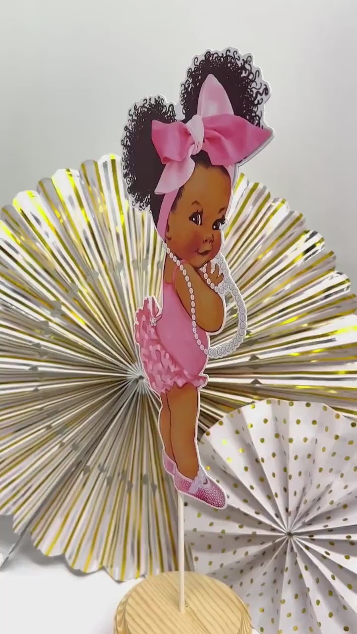 Pink Baby Girl Centerpiece Cutouts, Baby Shower Birthday Vase Mason Jar Diaper Cake Centerpiece, Girl with Ruffle Pants Big Head Bow