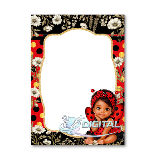 Little ladybug blank digital invitation 5x7 red black gold floral baby shower 1st birthday printable