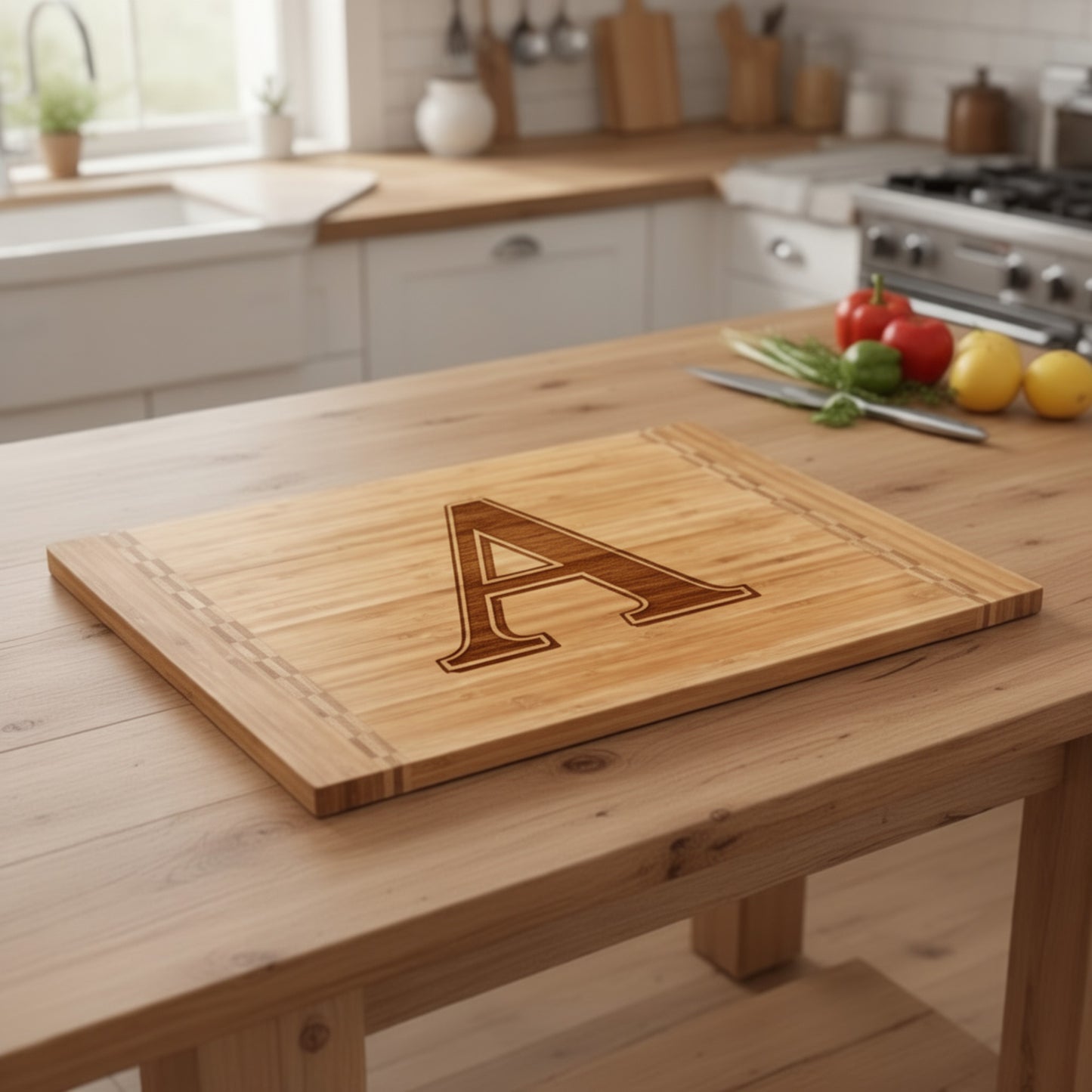 Custom engraved charcuterie board made of bamboo, artfully arranged with cheeses and fruits.