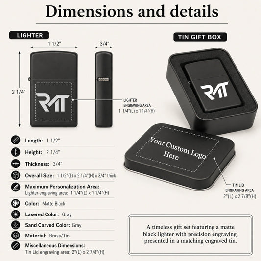 Close-up of a personalized matte black lighter showing the laser-engraved gray logo detail.