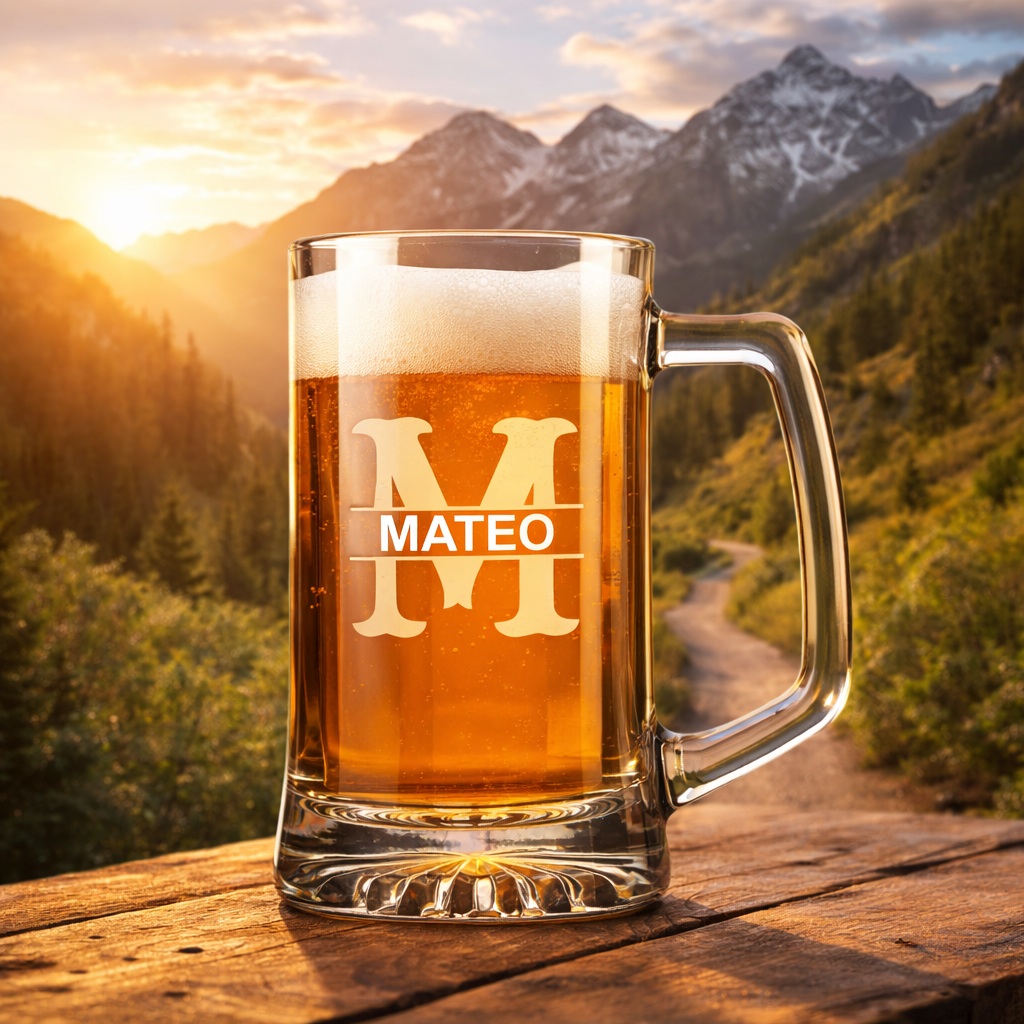 Personalized Beer Mug with Handle – Custom Text Logo Glass Beer Mug (14 oz or 25 oz)