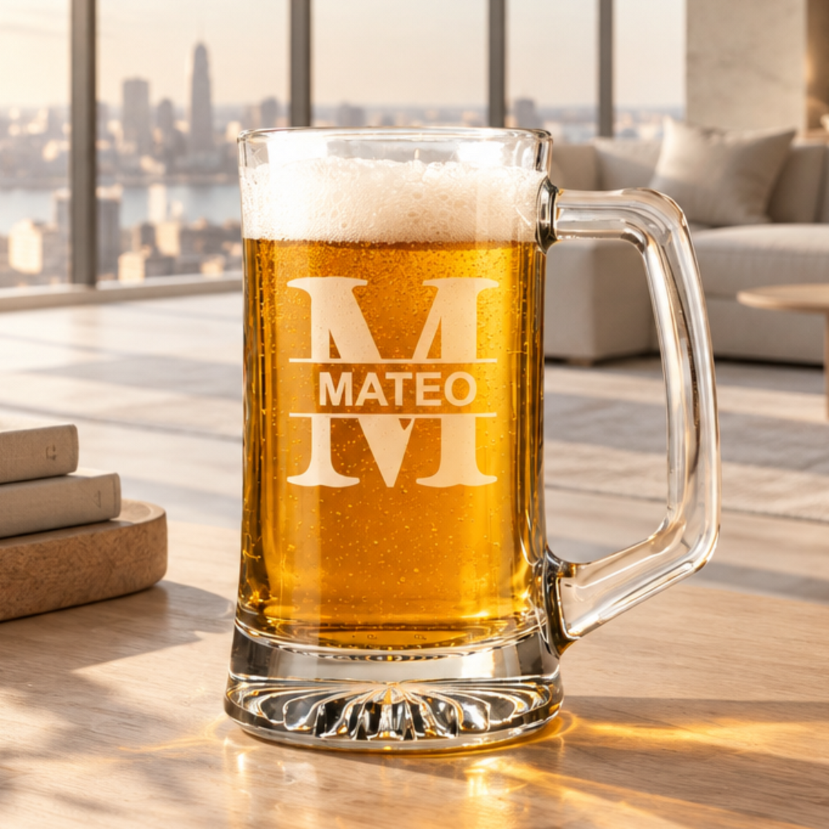 Two personalized beer mugs, 14 oz and 25 oz, side-by-side displaying custom text engraving.