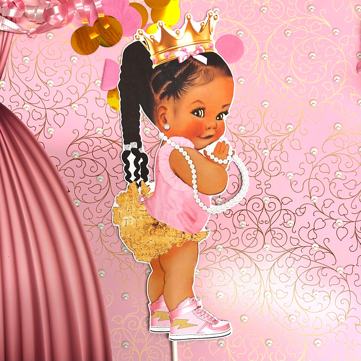 Princess Ballerina Braids Centerpieces Pink Gold Sneakers Ruffle Pants African American Baby Shower