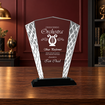 Personalized Fan Glass Award on Black Base – Custom Engraved Award Plaque