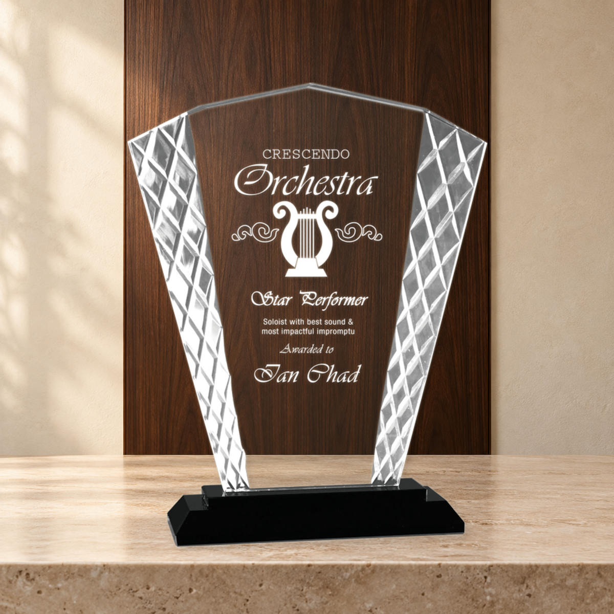 Personalized Fan Glass Award on Black Base – Custom Engraved Award Plaque
