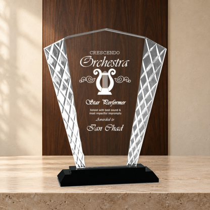 Personalized Fan Glass Award on Black Base – Custom Engraved Award Plaque
