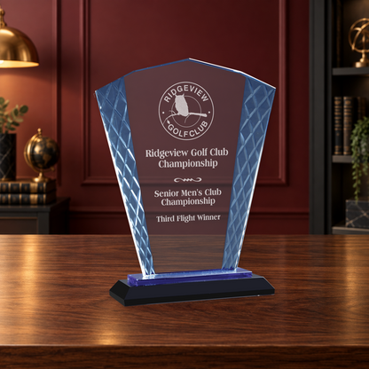 Personalized Fan Glass Award on Blue & Black Reflective Base – Custom Engraved Award Plaque