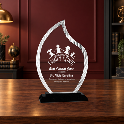 Personalized Flame Glass Award on Black Base – Custom Engraved Award Plaque