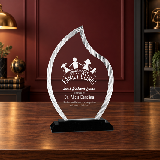 Personalized Flame Glass Award on Black Base – Custom Engraved Award Plaque