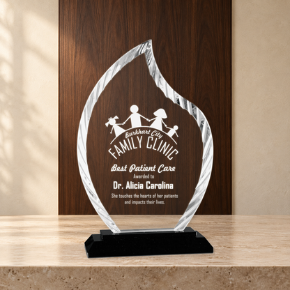 Personalized Flame Glass Award on Black Base – Custom Engraved Award Plaque