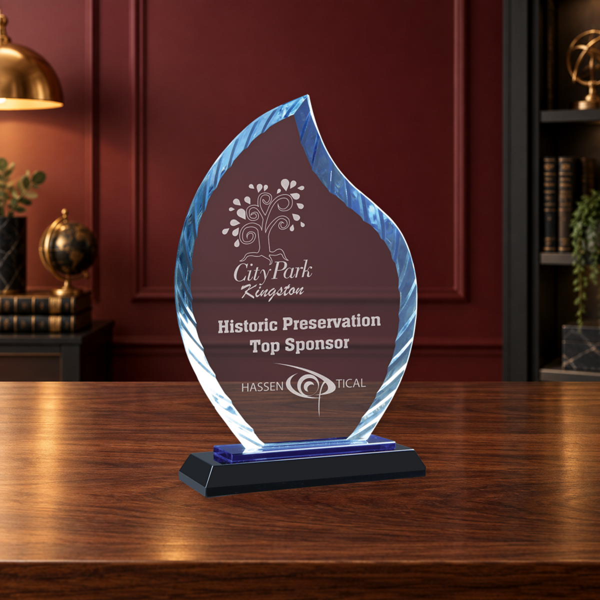 Personalized Flame Glass Award on Blue & Black Reflective Base – Custom Engraved Award Plaque