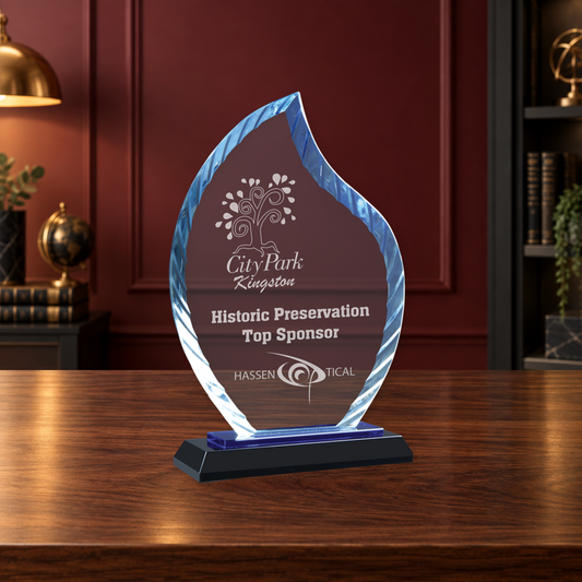 Personalized Flame Glass Award on Blue & Black Reflective Base – Custom Engraved Award Plaque