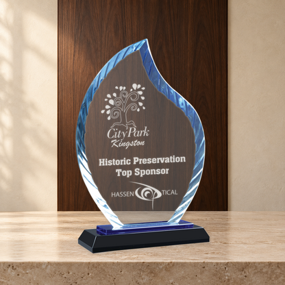 Personalized Flame Glass Award on Blue & Black Reflective Base – Custom Engraved Award Plaque