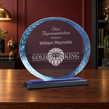 Personalized Oval Glass Award on Blue & Black Reflective Base – Custom Engraved Award Plaque