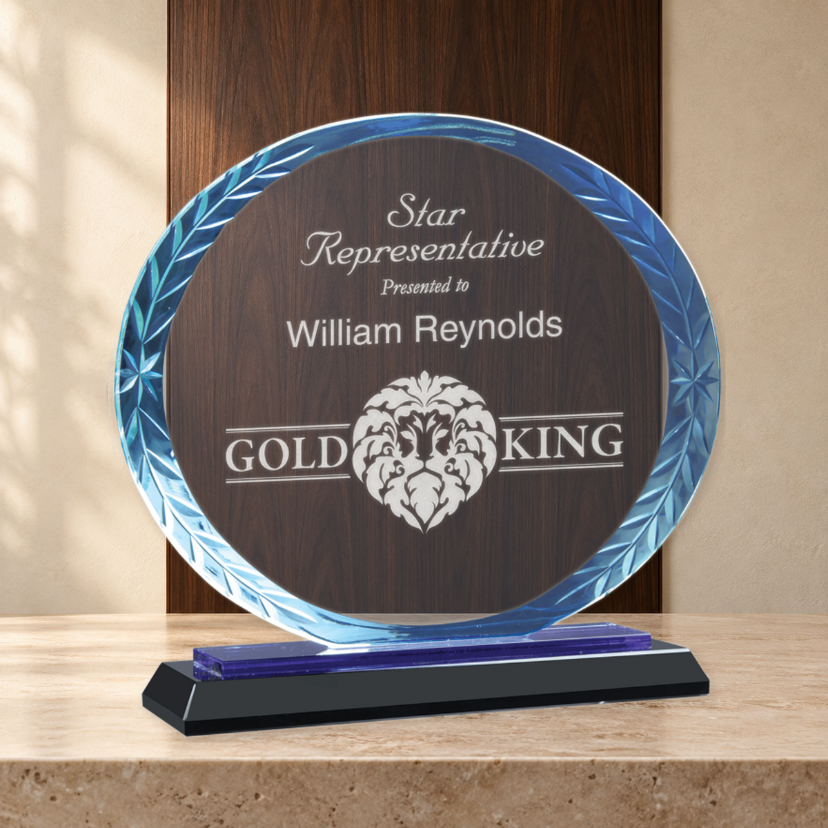 Personalized Oval Glass Award on Blue & Black Reflective Base – Custom Engraved Award Plaque