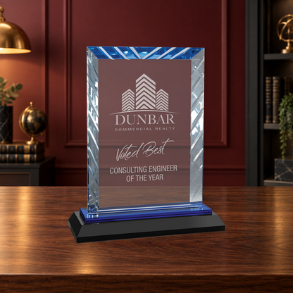 Personalized Rectangle Glass Award on Blue & Black Reflective Base – Custom Engraved Award Plaque
