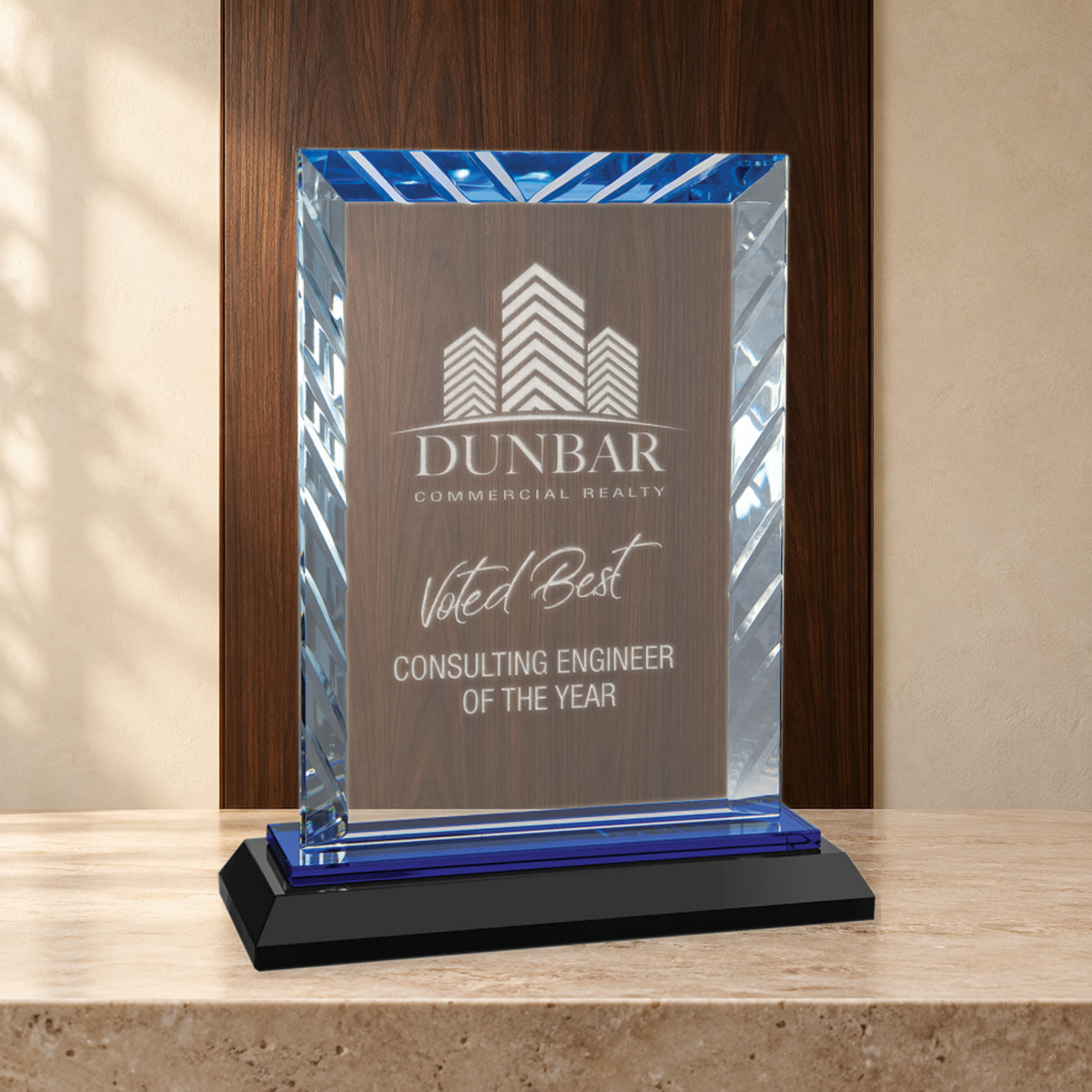 Personalized Rectangle Glass Award on Blue & Black Reflective Base – Custom Engraved Award Plaque
