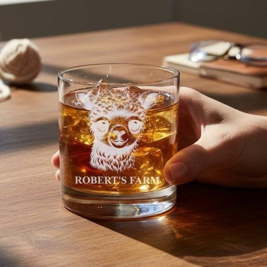 Personalized Whiskey Rocks Glass Farm Animals, Laser Engraved 10.5 oz Old Fashioned Bourbon Glass, Custom Name Barware for Dad Husband Farmhouse Style (Alpaca)
