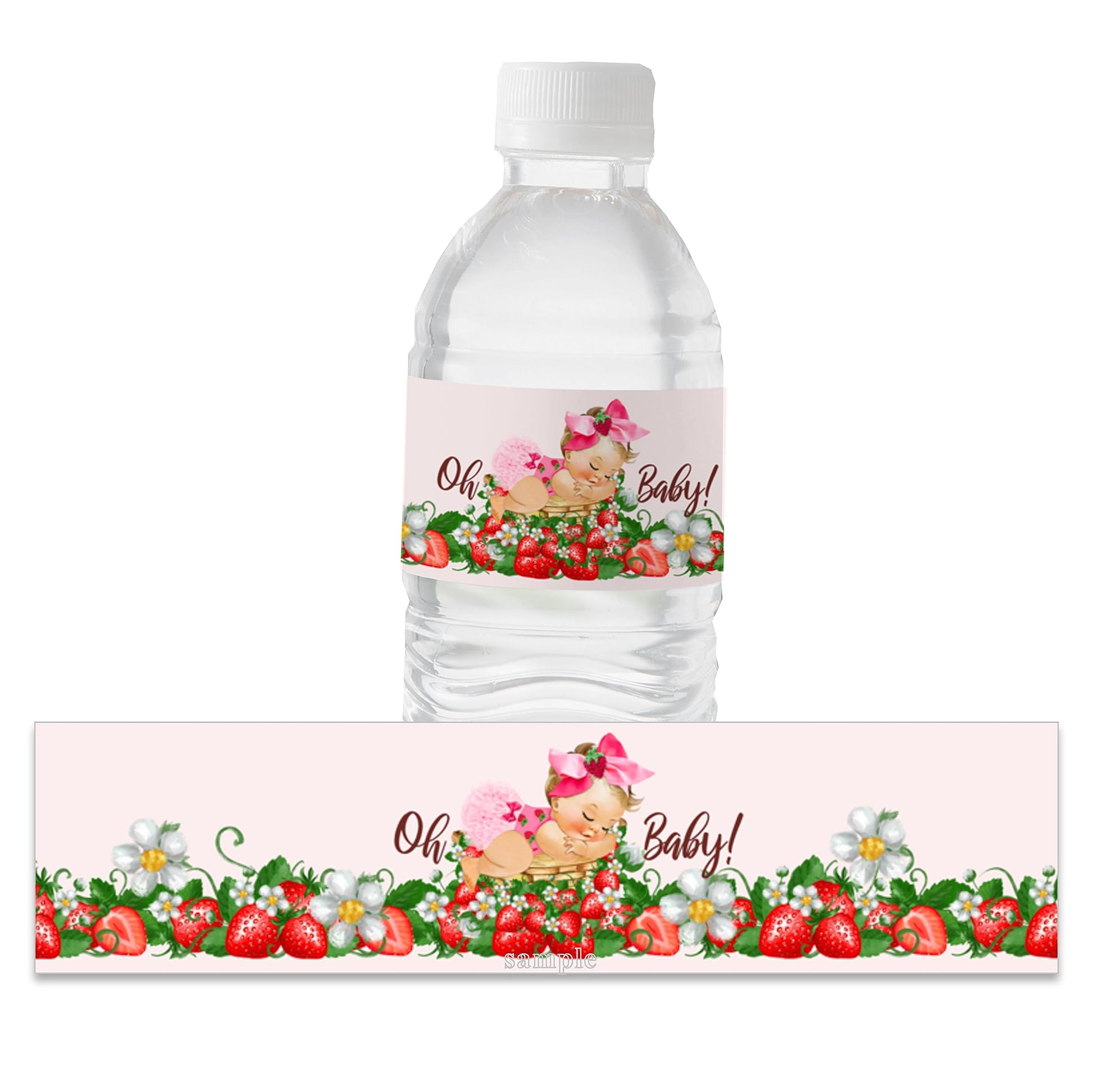 15PCS Baby Shower Stickers Girl Strawberry Water Bottle Labels for Strawberry Theme Baby Shower Favor (Brunette Girl)