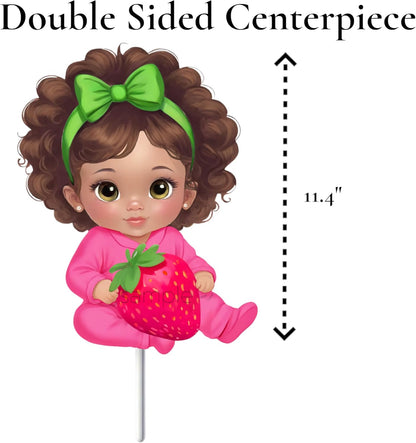 Sitting Strawberry Baby Girl Cutouts Centerpieces, Strawberry Theme Party Table Decor, Red Pink Green Baby Shower Birthday Party Decor (Brunette, One Double Sided Centerpiece)