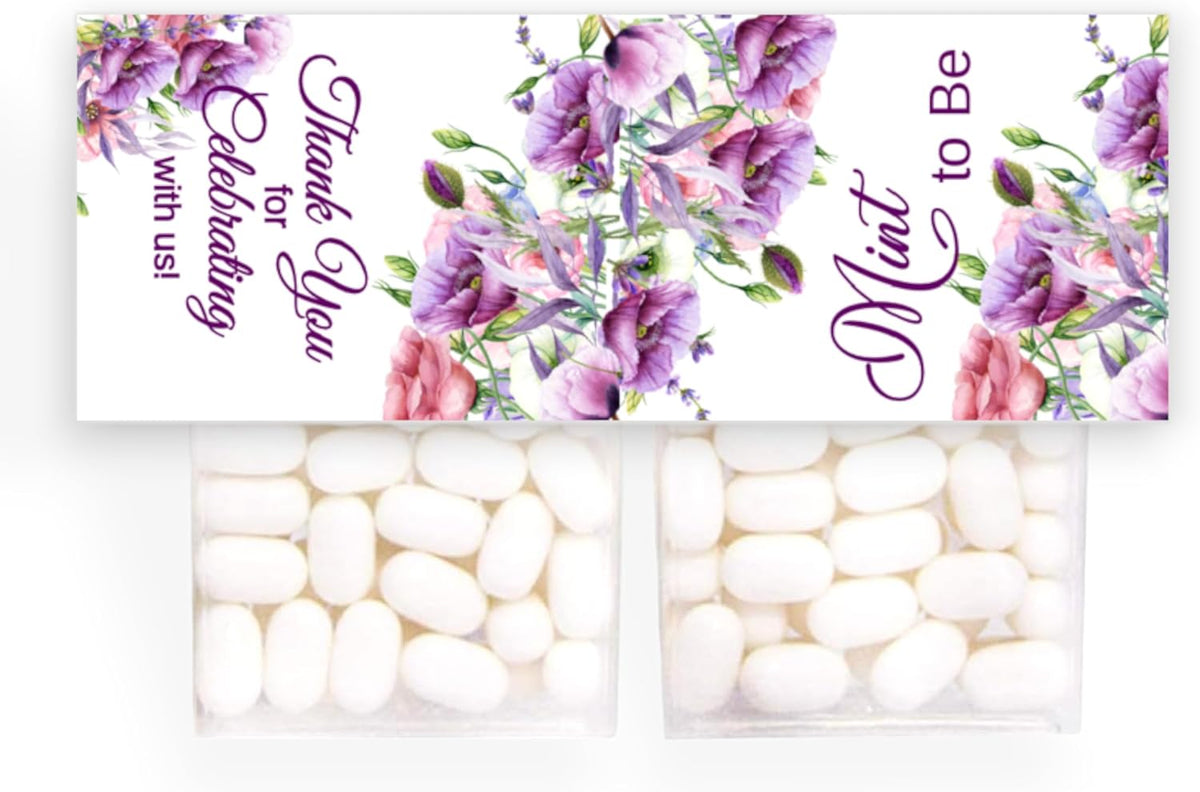 Favor Labels for Tic Tac Boxes, Purple Floral Mint to Be Party Bridal Shower Favors, Self-Adhesive, Gloss Sticker Paper (24 Labels)