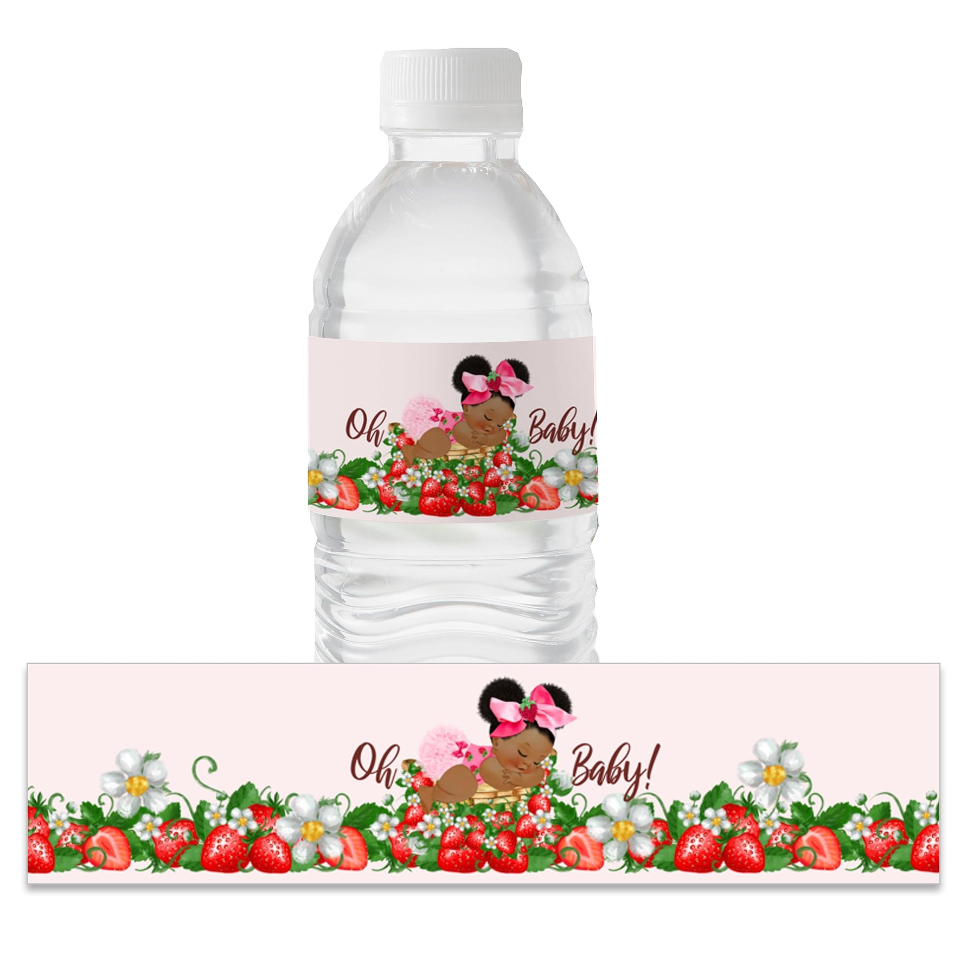 15PCS Baby Shower Stickers Girl Strawberry Water Bottle Labels for Strawberry Theme Baby Shower Favor (Brunette Girl)