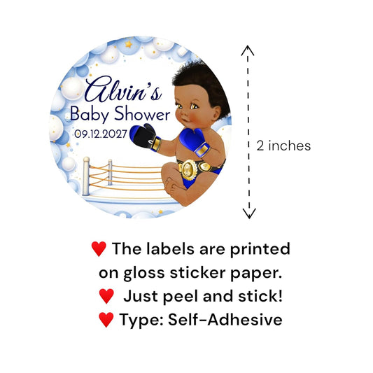 Boxing Theme Boy Baby Shower Labels, Party Favor Stickers 1st Birthday Boxer Sitting Boy Decorations (African American Boy, Blue)
