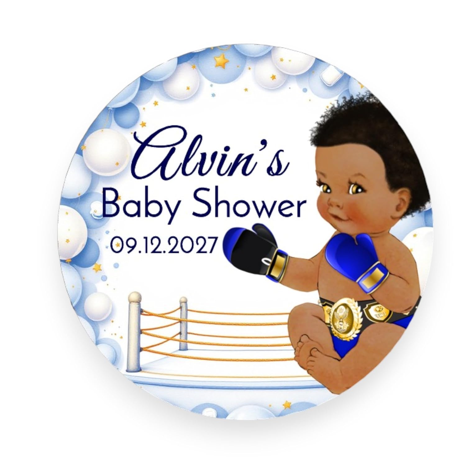Boxing Theme Boy Baby Shower Labels, Party Favor Stickers 1st Birthday Boxer Sitting Boy Decorations (African American Boy, Blue)
