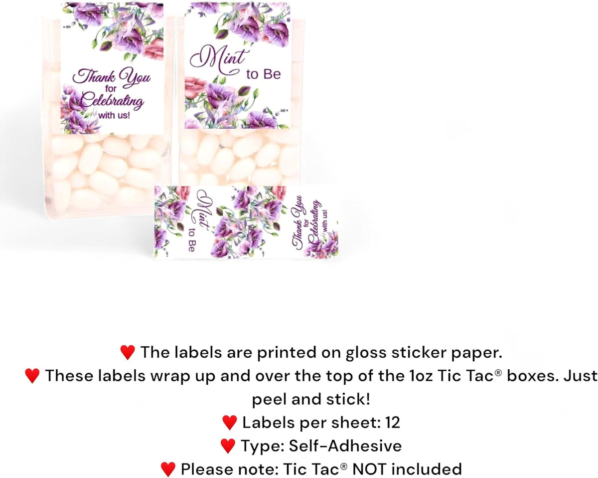 Favor Labels for Tic Tac Boxes, Purple Floral Mint to Be Party Bridal Shower Favors, Self-Adhesive, Gloss Sticker Paper (24 Labels)