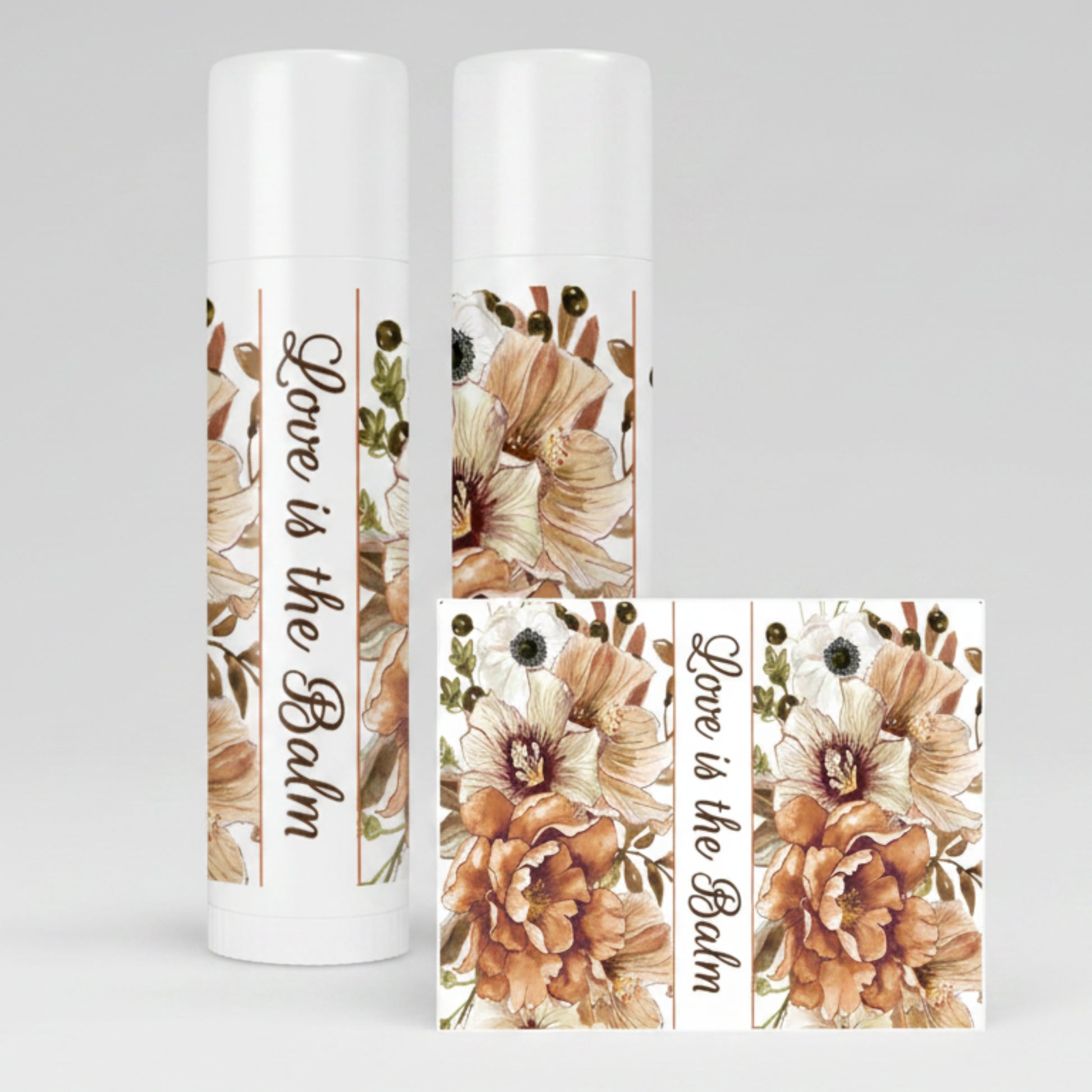 Fall brown floral lip balm labels in a set of 15, shown as autumn bridal shower favor stickers