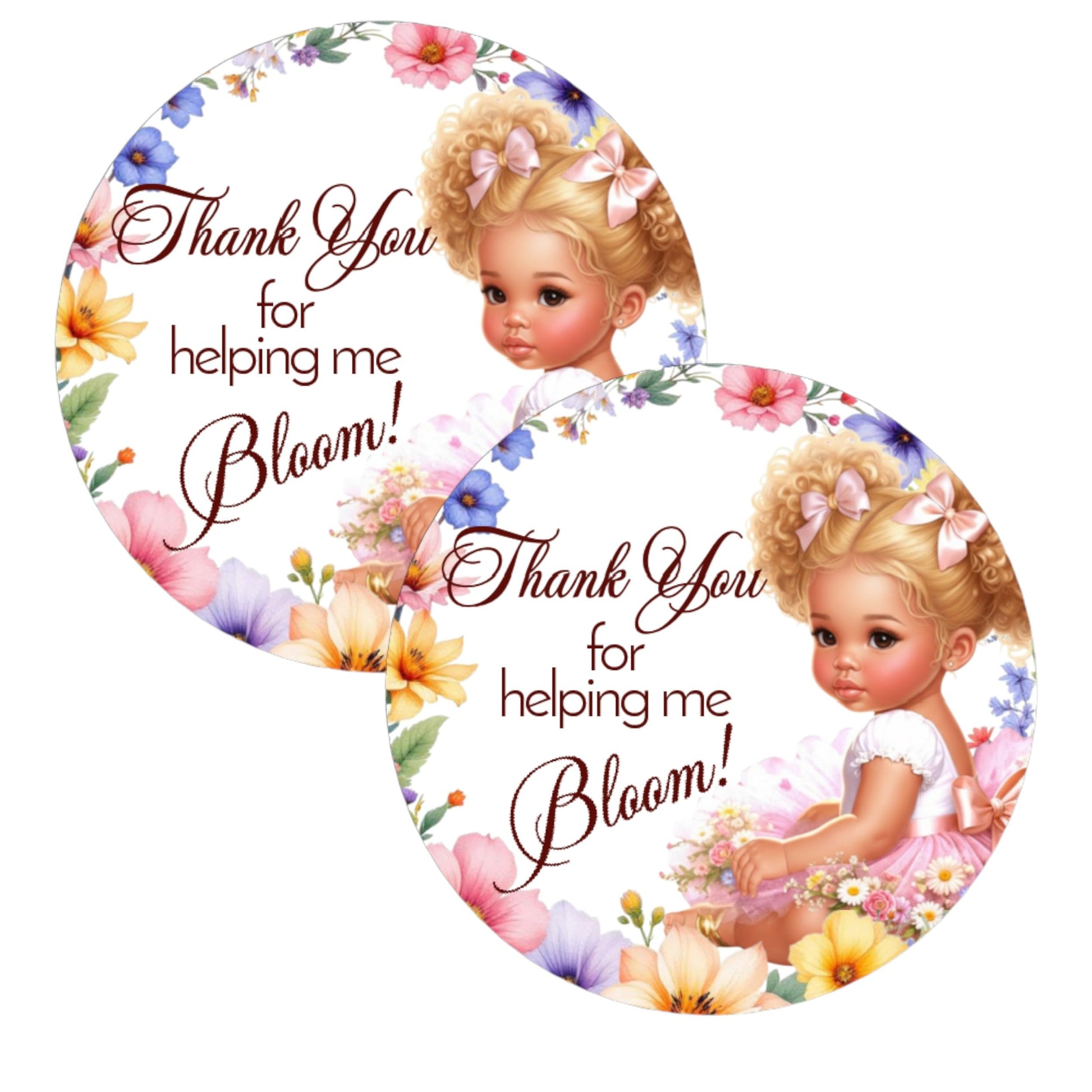 Wildflower Baby Shower Labels Tags Girls 1st Birthday Decorations, 2 Inch Round Stickers, Set of 40 Spring Floral Party Favor Decor (African American)