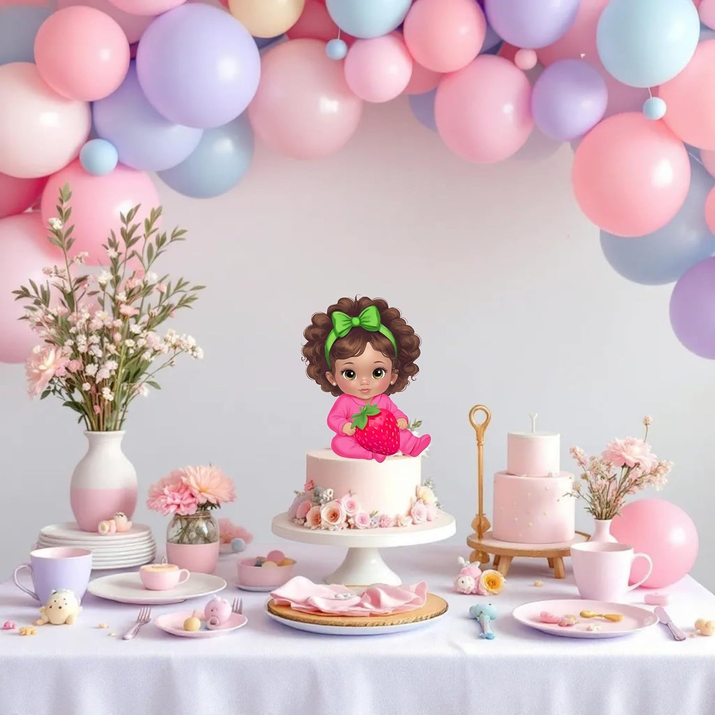 Sitting Strawberry Baby Girl Cutouts Centerpieces, Strawberry Theme Party Table Decor, Red Pink Green Baby Shower Birthday Party Decor (Brunette, One Double Sided Centerpiece)