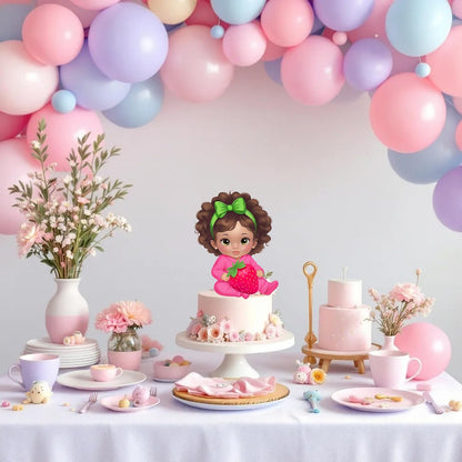 Sitting Strawberry Baby Girl Cutouts Centerpieces, Strawberry Theme Party Table Decor, Red Pink Green Baby Shower Birthday Party Decor (Brunette, One Double Sided Centerpiece)