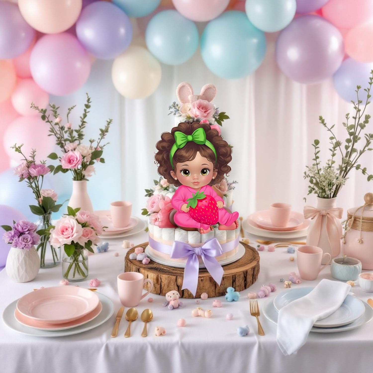 Sitting Strawberry Baby Girl Cutouts Centerpieces, Strawberry Theme Party Table Decor, Red Pink Green Baby Shower Birthday Party Decor (Brunette, One Double Sided Centerpiece)