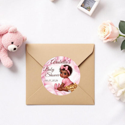 Personalized Girl African American Party Favor Labels, 1st Birthday Custom Name Date Stickers Decorations