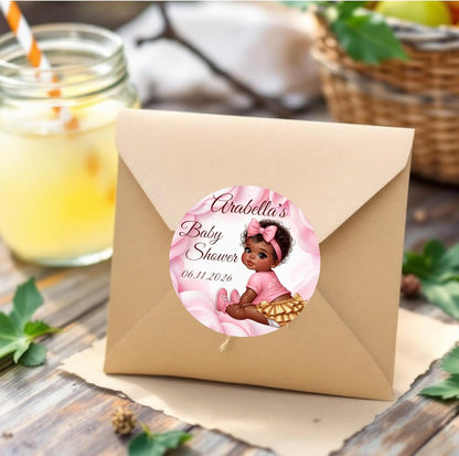 Personalized Girl African American Party Favor Labels, 1st Birthday Custom Name Date Stickers Decorations