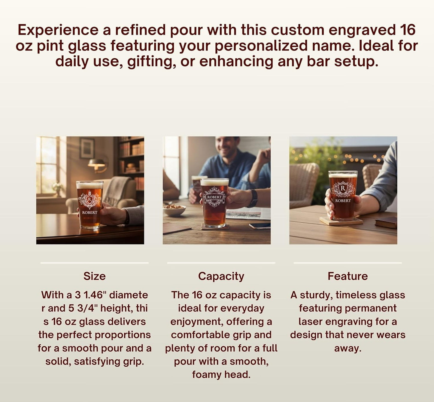 Custom Beer Pint Glass 16 oz Personalized Glasses for Men, Women, Friends Family, Wedding Birthday Drinkware (1, Design 1)