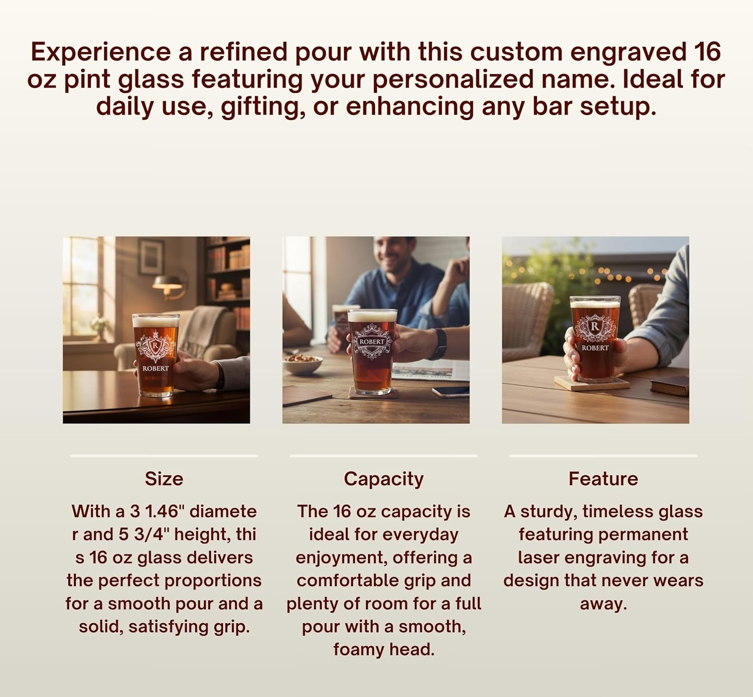 Custom Beer Pint Glass 16 oz Personalized Glasses for Men, Women, Friends Family, Wedding Birthday Drinkware (1, Design 1)